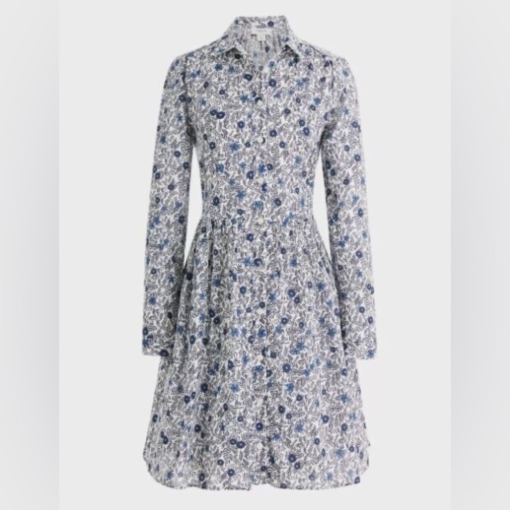 J. Crew Navy and White Floral Long-Sleeve Button Dress - Picture 3 of 16